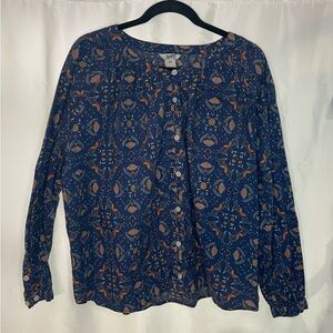 Duluth Trading Co Blue and Orange Patterned Blouse
